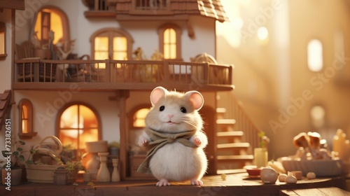 AI generated illustration of a cute hamster atop a ladder in a miniature house
