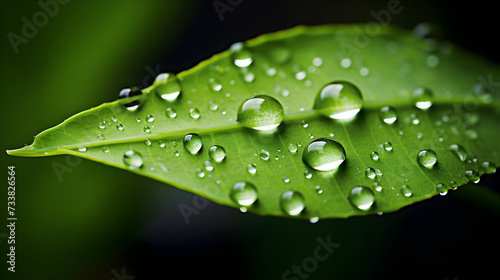 Water drops on green leaf environment macro background closeup,, Beautiful large drop morning dew in nature selective focus drops 3drender raster illustration