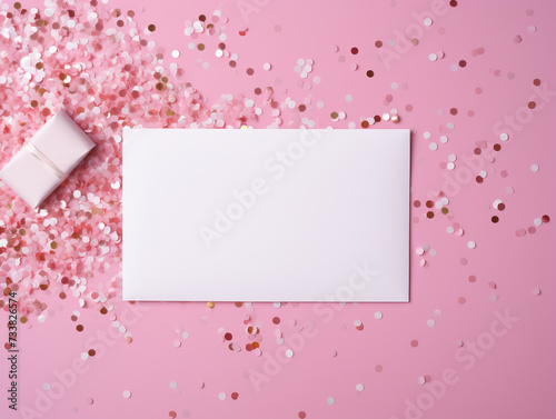 Empty mockup greeting text template pink romantic nursery baby shower Background with White Blank Greeting Card and Balloons copy space banner. © Alina Nikitaeva