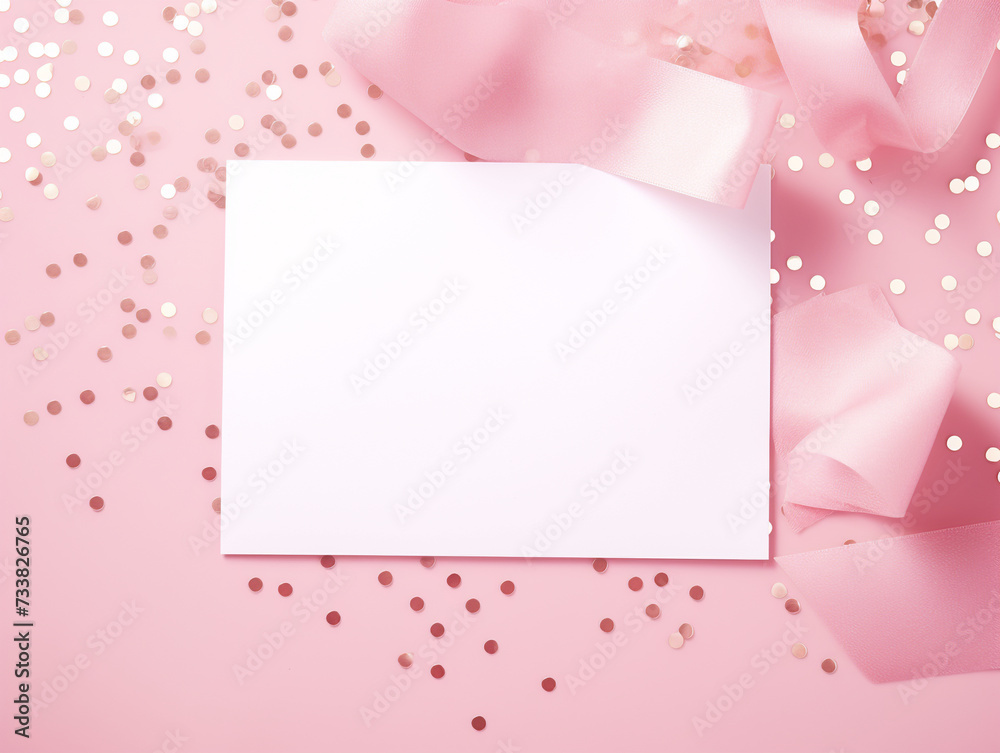 Empty mockup greeting text template pink romantic nursery baby shower Background with White Blank Greeting Card and Balloons copy space banner.