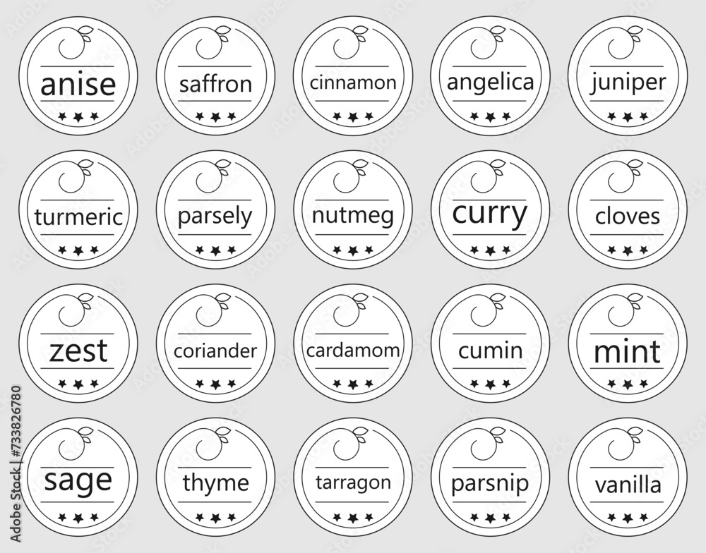 Labels or stickers  for jars of spices and herbs.Set of 20 vector stickers.Zest,vanilla,curry,cumin,mint,saffron etc. 
