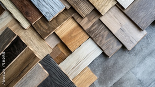 An array of parquet vinyl tile flooring on an oak lumber setting and space, Generative AI. photo