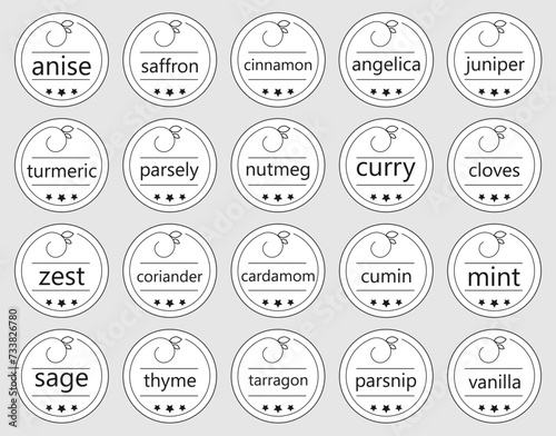 Labels or stickers for jars of spices and herbs.Set of 20 vector stickers.Zest,vanilla,curry,cumin,mint,saffron etc. 