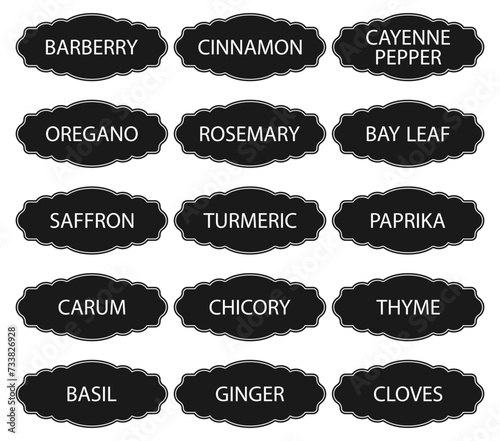 Cardboard stickers or labels for jars of spices and herbs.Set of 15 vector stickers with names of spices in English. Can be used to label kitchen food containers.