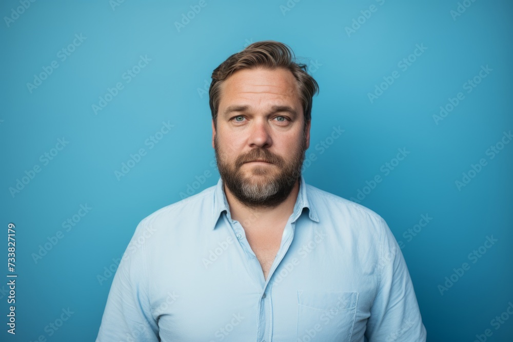 Portrait of a bearded man in a blue shirt on a blue background