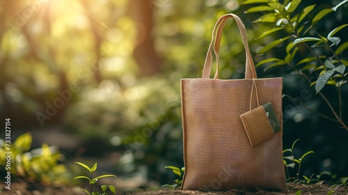 An ecologically aware bag with a natural backdrop compiled of organic fibers like jute and space, Generative AI.