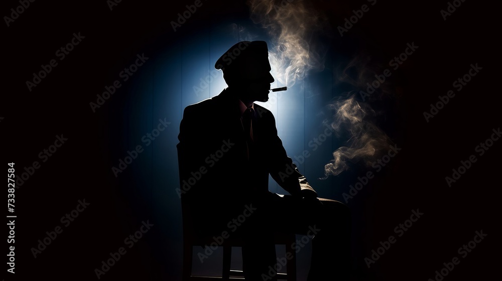 a silhouette of a man in a hat sitting in a chair , generated by AI