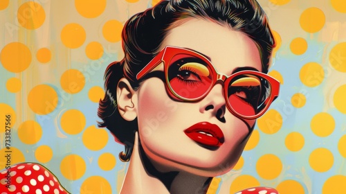 Stylized pop art image of a woman with red sunglasses against a polka-dot background, bold fashion statement.