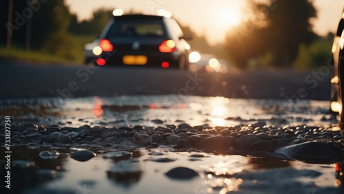 The low-angle view captures the warm sunset reflecting in a small puddle on a rural road as cars drive by.