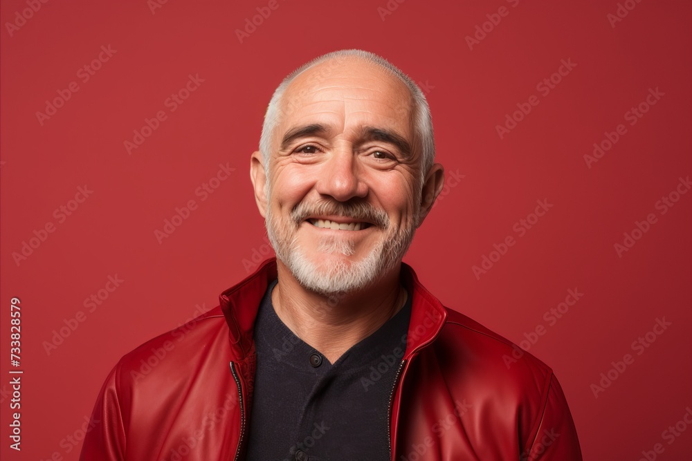 Portrait of a smiling senior man in a red jacket on a red background. Portrait of a smiling senior man in a red jacket on a red background.