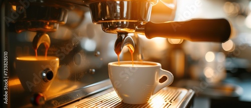 Fototapeta Naklejka Na Ścianę i Meble -  Fresh espresso is poured from the coffee maker into a cup in the morning light