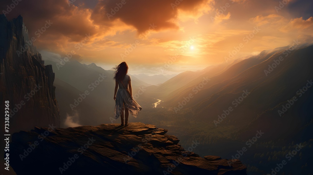 AI generated illustration of a young woman atop a hill, admiring the picturesque view of a valley