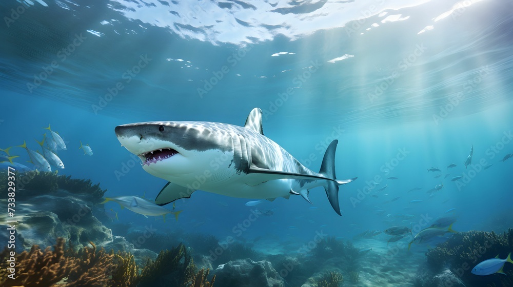 Fototapeta premium AI generated illustration of a majestic white shark swimming in the clear blue ocean