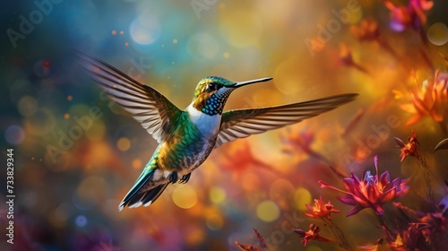 AI generated illustration of a vibrant hummingbird gliding over a lush garden © Wirestock