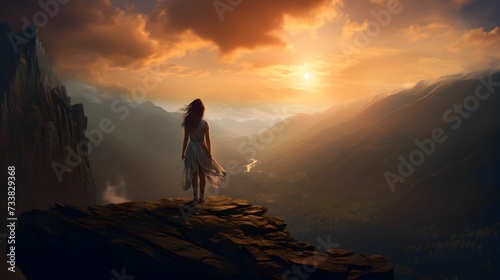 AI generated illustration of a young woman atop a hill  admiring the picturesque view of a valley