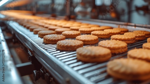 An industrial production line's conveyor belt that prepares biscuits in a parallel and space, Generative AI.