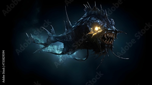 AI generated illustration of a sinister-looking fish with bioluminescent eyes and razor sharp teeth