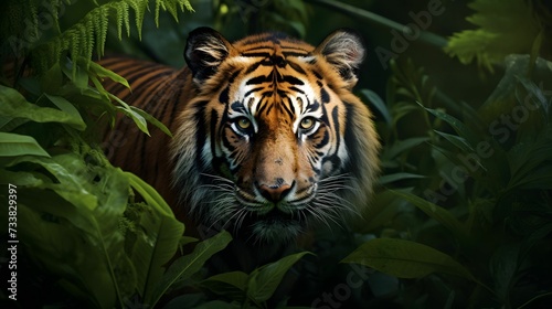 AI generated illustration of a majestic Bengal Tiger in its natural habitat in the lush forest © Wirestock