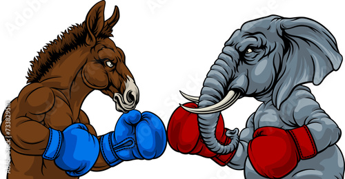 Republican and democrat elephant and donkey facing off American election party politics concept