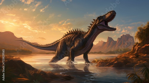 AI generated illustration of a majestic dinosaur in a body of water with its mouth wide open