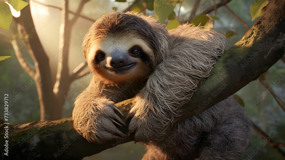 AI generated illustration of a closeup shot of a sloth perched on the branch of a tree AI generated illustration of a closeup shot of a sloth perched on the branch of a tree