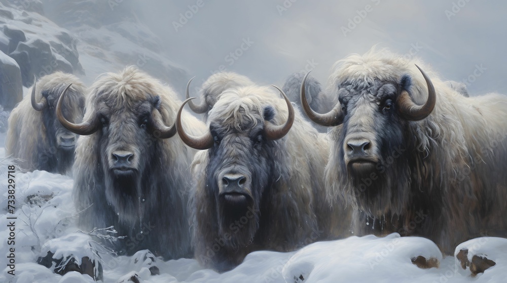 Naklejka premium AI generated illustration of a herd of yaks gathered together in a snowy winter landscape