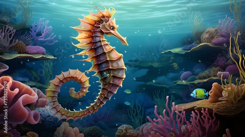 AI generated illustration of a seahorse swimming gracefully in a vibrant underwater environment