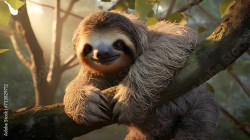 AI generated illustration of a closeup shot of a sloth perched on the branch of a tree
