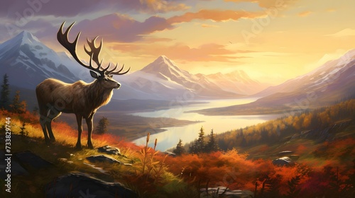 AI generated illustration of a deer on a grassy hillside, overlooking a lake and a mountain range