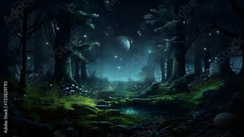 a green mossy forest with stars and a lake at night photo