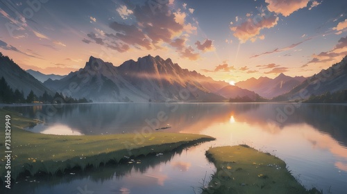 AI generated illustration of a serene sunrise in the majestic mountains, with a tranquil river