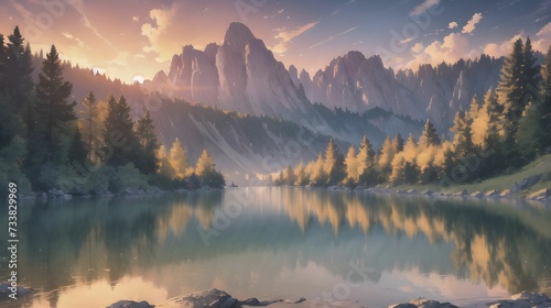AI generated illustration of a scenic view of a mountain valley and a pristine lake