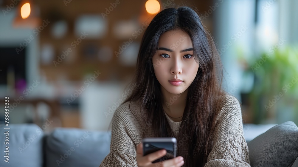 Asian woman using smartphone sitting on couch with space for text, Generative AI
