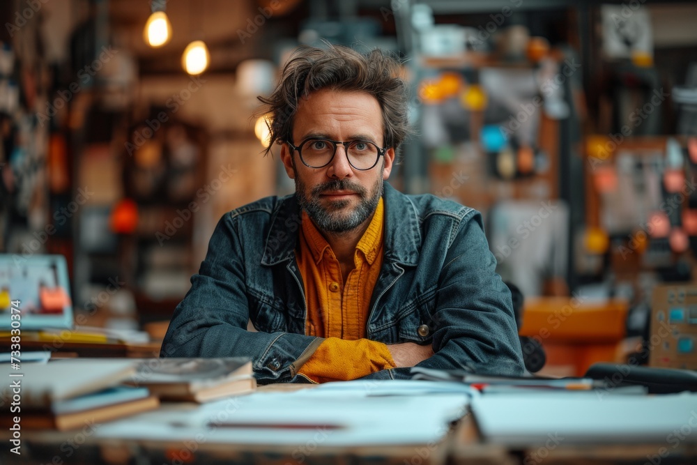 Pensive craftsman in a workshop with notebook Pensive craftsman in a workshop with notebook