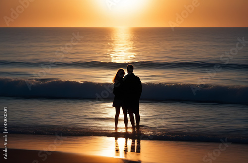 A happy couple on the beach against the backdrop of a beautiful sunset. The photo is of high quality. Made with the help of artificial intelligence. Love, romance, postcard, wallpaper, screensaver