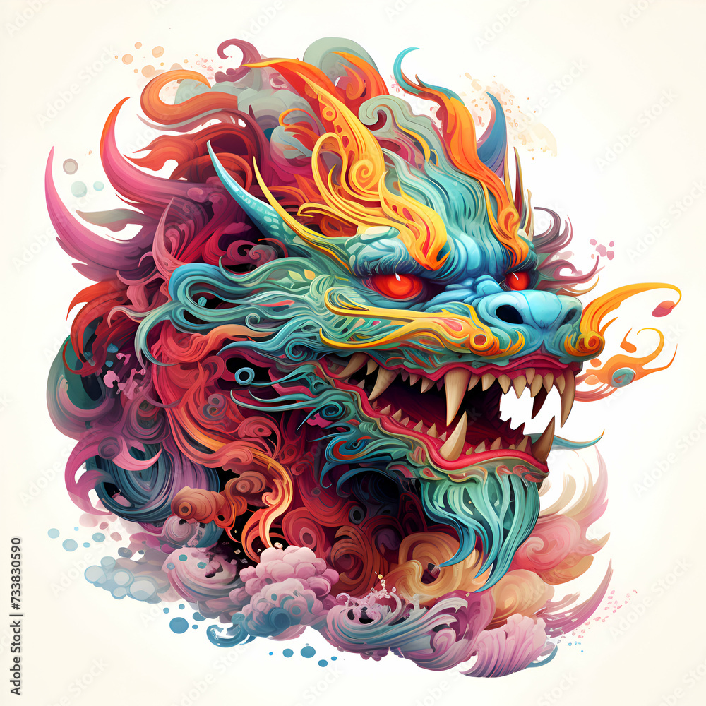  illustration of dragon head with colorful fire and smoke in the clouds.