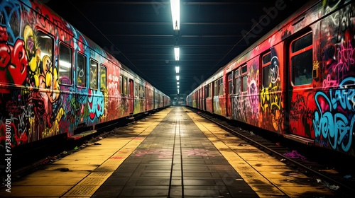 a train on the tracks that is covered in graffiti and stickers photo