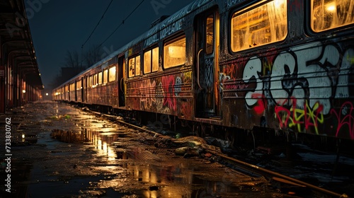 a train with graffiti all over it sits at the rail station