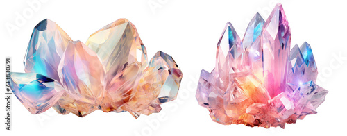 Set of pastel crystals quartz gem stone on transparent background, 3d mineral cluster growing for crop image use.