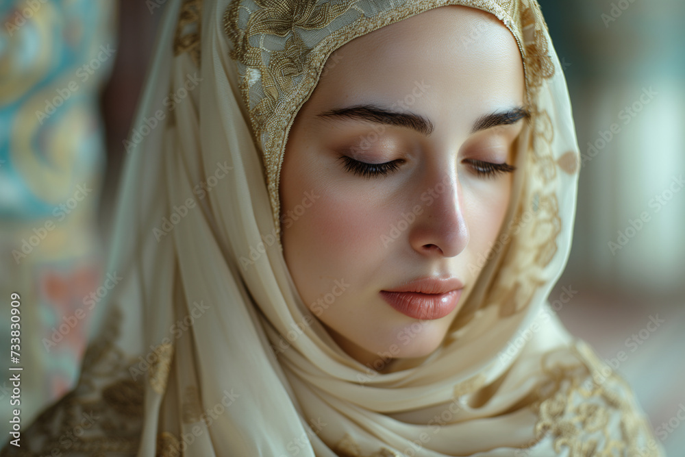 Close-up of a devout Muslim woman in prayer, focus on spirituality.