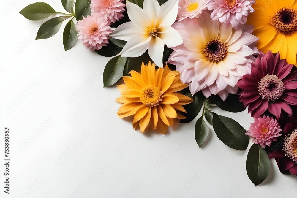 AI generated illustration of colorful gerbera flowers on a white background with copyspace