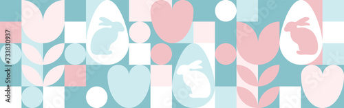 Seamless background for the spring holiday of Easter with a texture of circles and squares. Mosaic with geometric shapes, pastel background with eggs and hares.