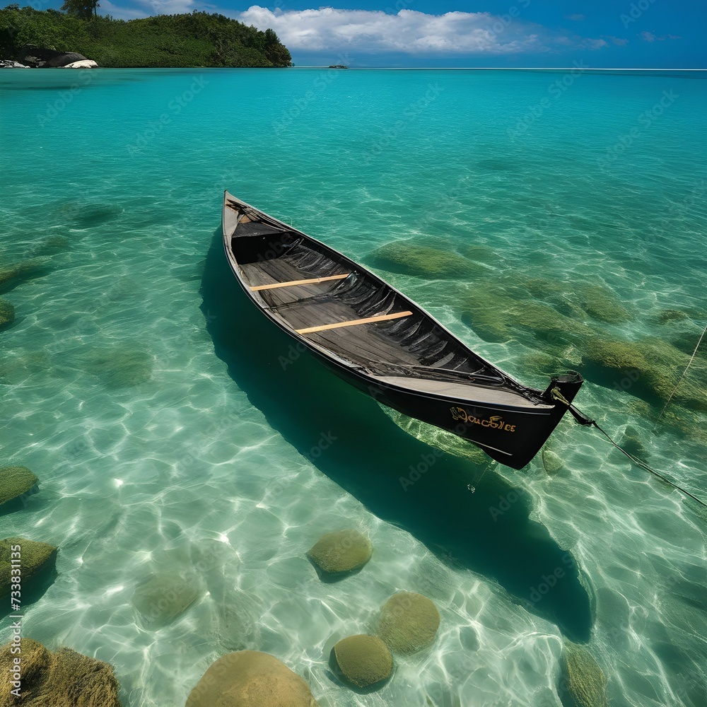 AI generated illustration of a small, wooden boat near a picturesque beach