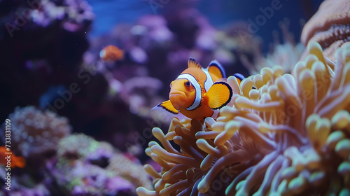 Clown fish on an anemone underwater reef in the tropical ocean. Made with generative ai