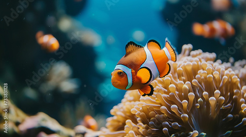 Clown fish on an anemone underwater reef in the tropical ocean. Made with generative ai