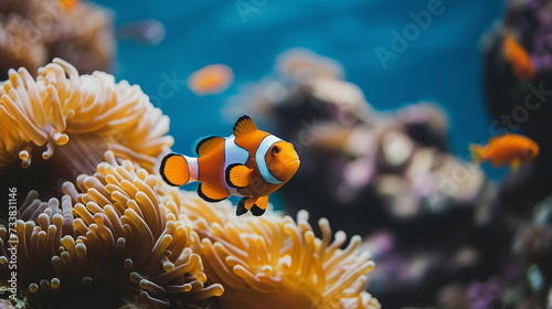 Clown fish on an anemone underwater reef in the tropical ocean. Made with generative ai © Farid