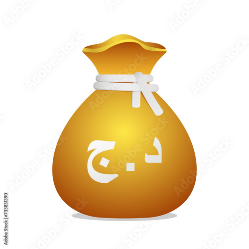 Moneybag with Algerian Dinar symbol. Cash money, currency, business and financial item. Golden bag icon.