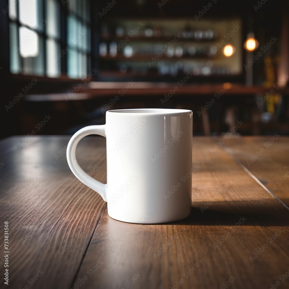 White ceramic coffee cup placed on a rustic wooden table in a dimly lit restaurant, AI-generated. White ceramic coffee cup placed on a rustic wooden table in a dimly lit restaurant, AI-generated.