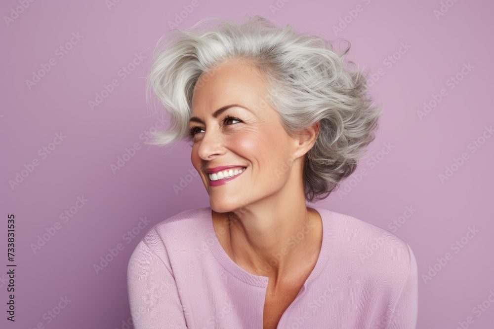 Portrait of happy senior woman with white hair and beautiful smile.