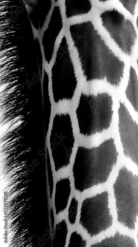 AI generated illustration of a close-up of a giraffe s spotted neck in grayscale